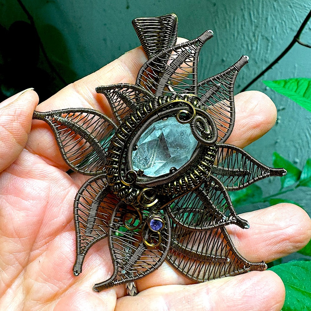 Elegant Wire Wrapped Herkimer Diamond and Amethyst Blooming Eye Floral Pendant